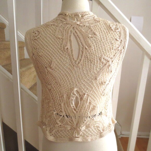 Handmade Ivory Cream Cotton Bohemian Festival Crochet Lace Vest - Picture 2 of 6